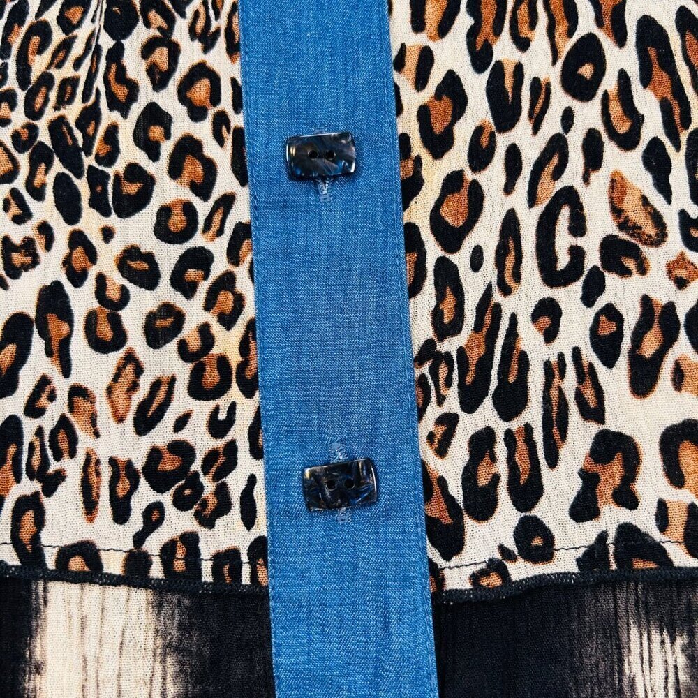 Calessa Mixed Media Animal Print Floral Shirt Ruffle Bell Sleeve Top Large - Picture 5 of 7